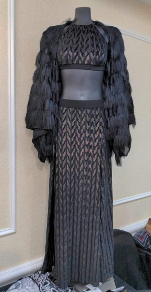 BELLA SET High Slit Skirt with Matching Tie Halter in a Burnout Set with Fringe Shrug