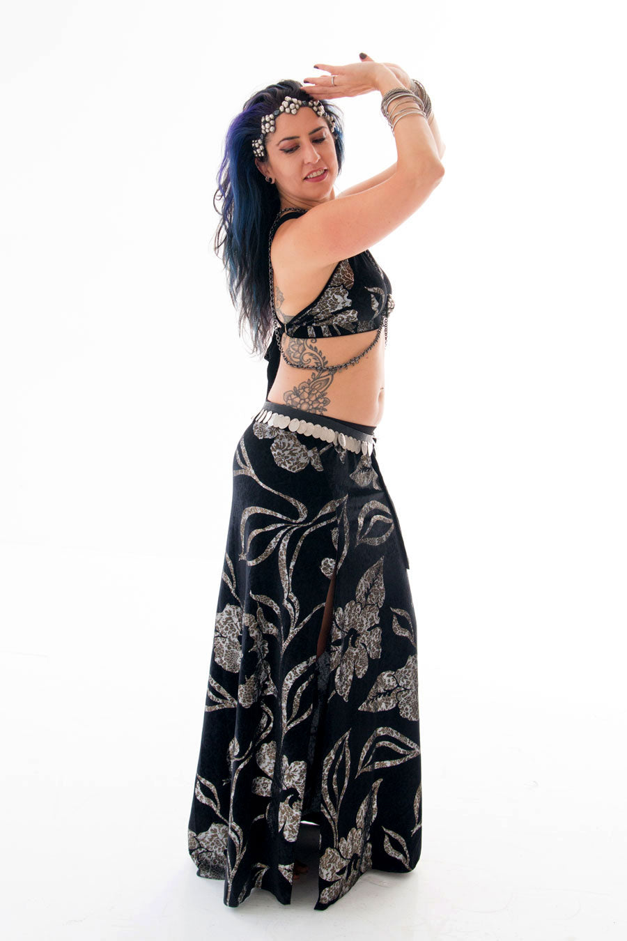 High Slit Skirt with Matching Tie Halter in as Animalistic Floral Velvet