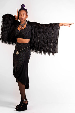 BELLA SET High Slit Skirt with Matching Tie Halter in a Burnout Set with Fringe Shrug