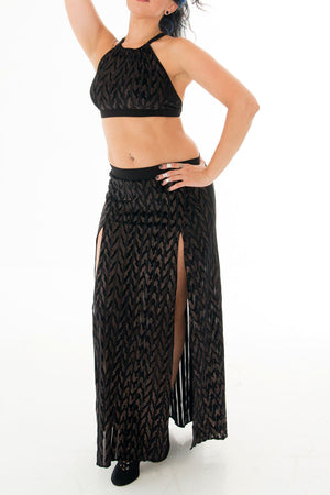 BELLA SET High Slit Skirt with Matching Tie Halter in a Burnout Set with Fringe Shrug