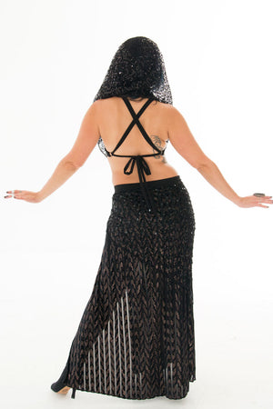 BELLA SET High Slit Skirt with Matching Tie Halter in a Burnout Set with Fringe Shrug