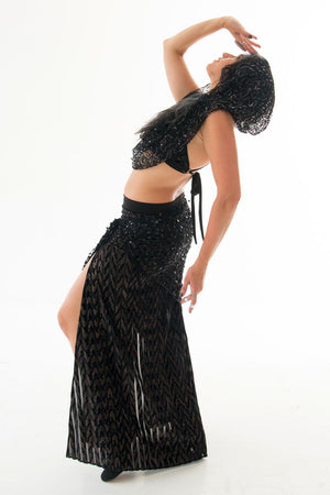 BELLA SET High Slit Skirt with Matching Tie Halter in a Burnout Set with Fringe Shrug