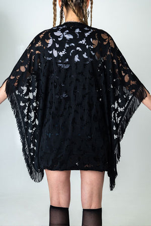 In The Shadows Black Lace Wide Sleeve Shrug with French Bouillion Fringe