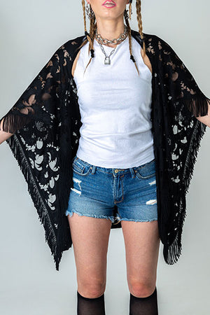 In The Shadows Black Lace Wide Sleeve Shrug with French Bouillion Fringe