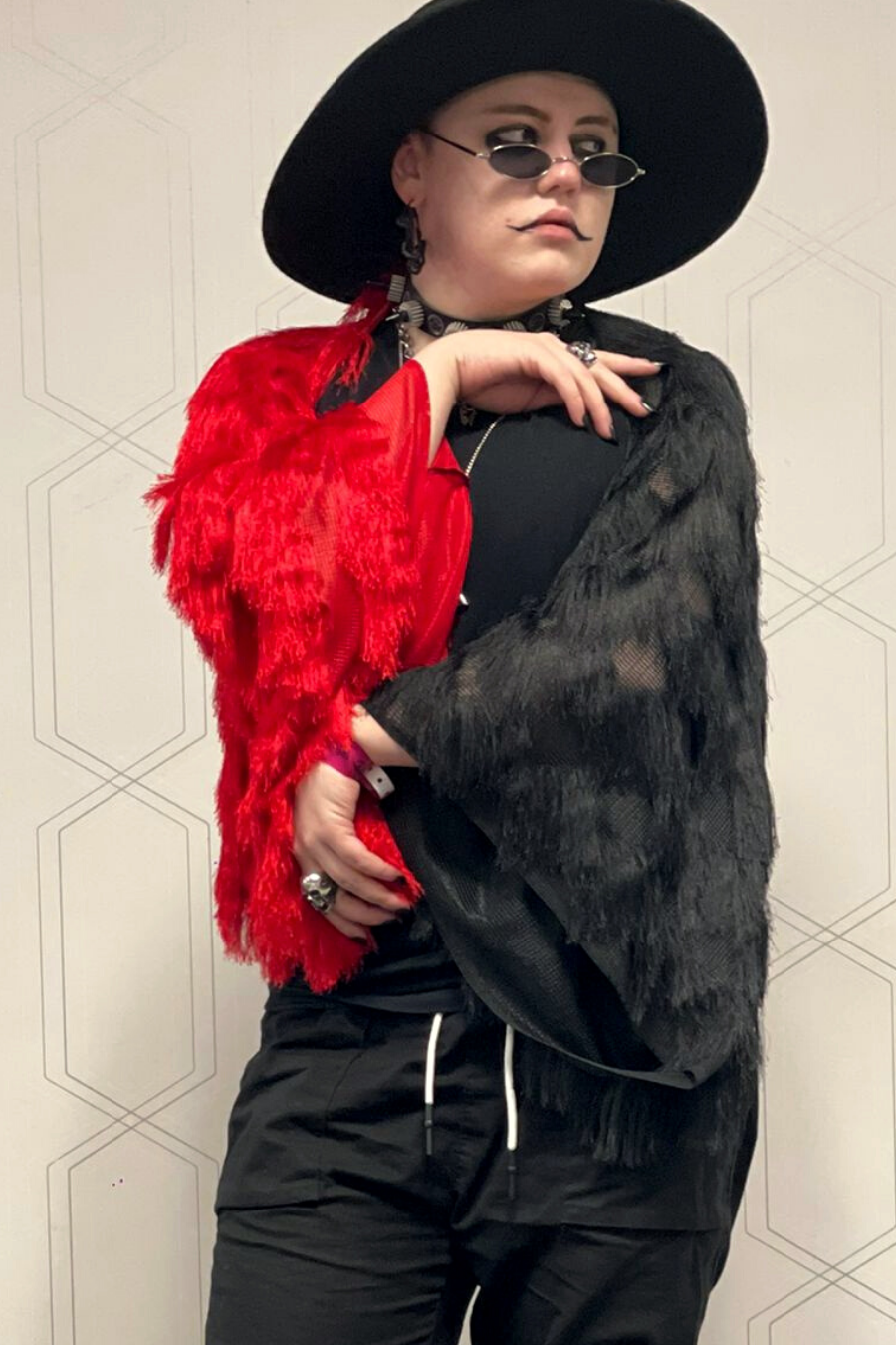 red and black avante garde feather fringe shrug kimono