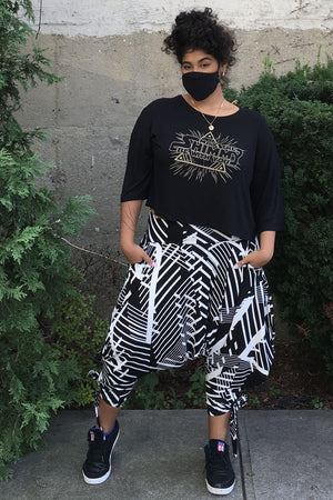 black and white printed harem pants with pockets