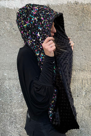woman wearing Basquiat Foiled Lace & Black Fleece Reversible infinity hooded scarf theEmpire