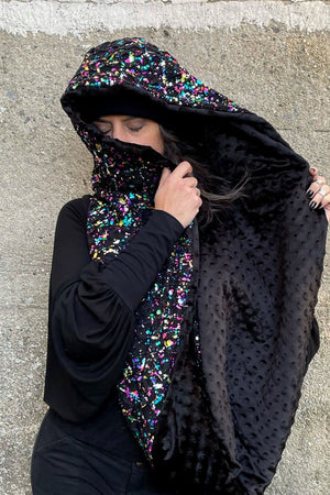 woman wearing Basquiat Foiled Lace & Black Fleece Reversible infinity hooded scarf the Empire