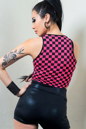 sustainable festival fashion neon pink checkered crop top women's