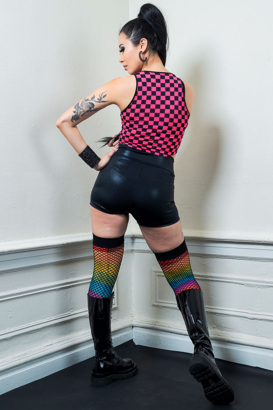 women's neon pink and black checkered crop top and booty shorts