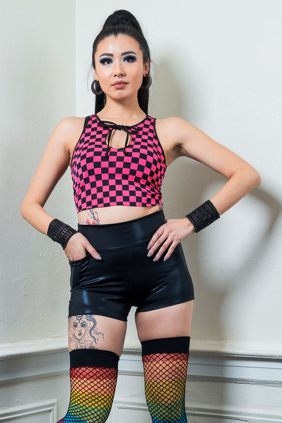 keyhole neon pink and black checkered crop top women's ravewear