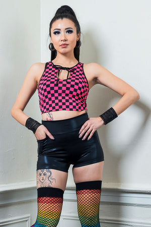 keyhole neon pink and black checkered crop top women's ravewear