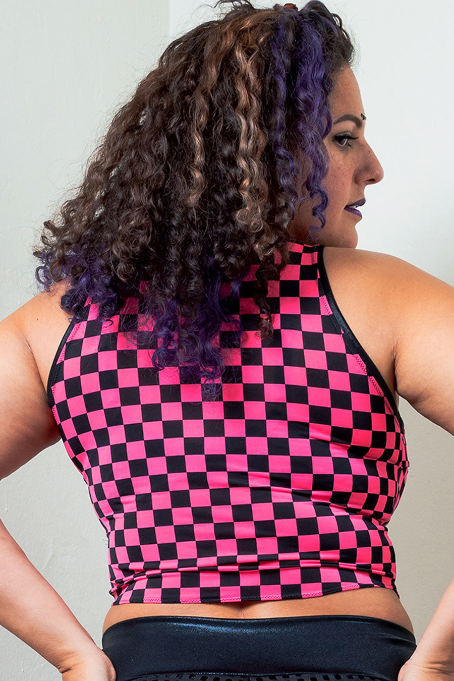 Fuchsia Checkered Cara Keyhole Cropped Top with Ties and Race - D.Webb Designs