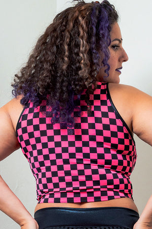 neon pink and black checkered crop top festival fashion new york city
