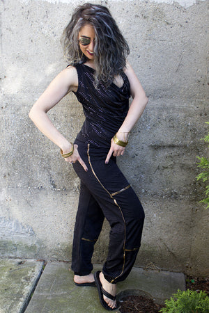 black embroidered cargo pants with gold trim