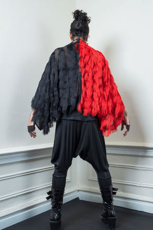 Red and Black Fringe Kimono Shrug