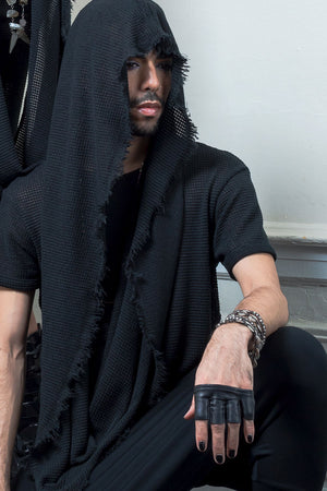raw edge black textured hooded infinity scarf
