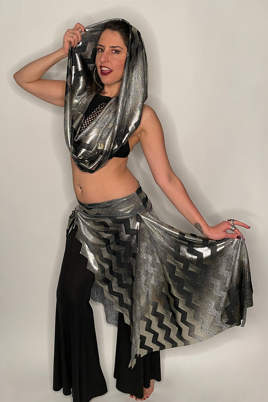 Metallic Chevron Asymmetric Layering Skirt