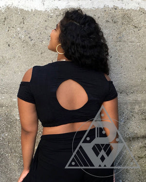 black textured crop top with keyhole back opening and cold shoulder details