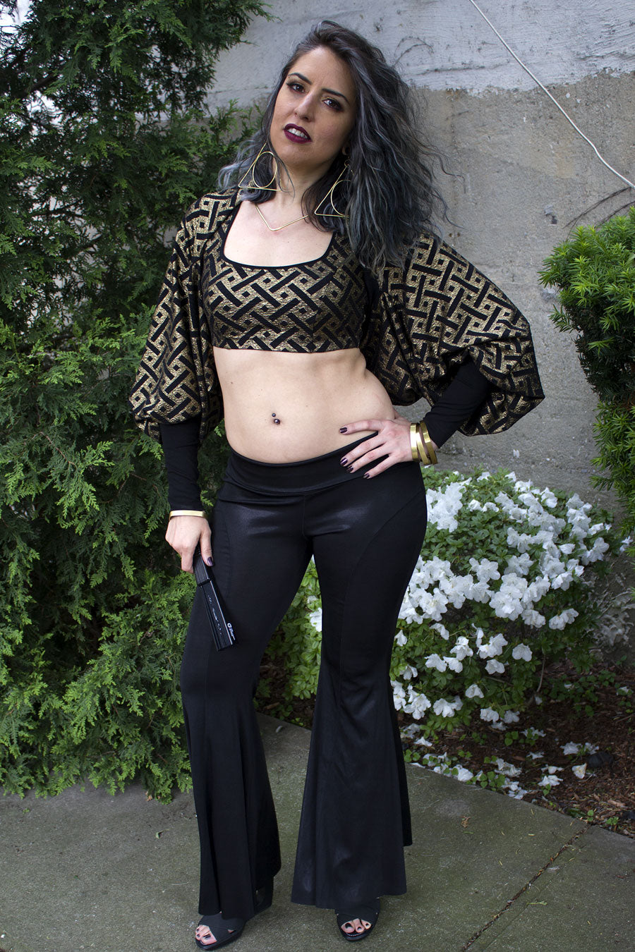 Black no muffin top 70s inspired flare bottom pants for festivals and going out