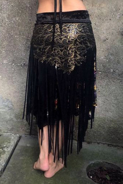 Golden Embroidery Belly Dance Hip Wrap with Black hand cut Sparkle Fringe