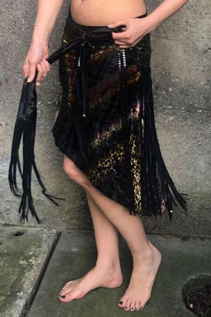 Golden Embroidery Belly Dance Hip Wrap with Black hand cut Sparkle Fringe