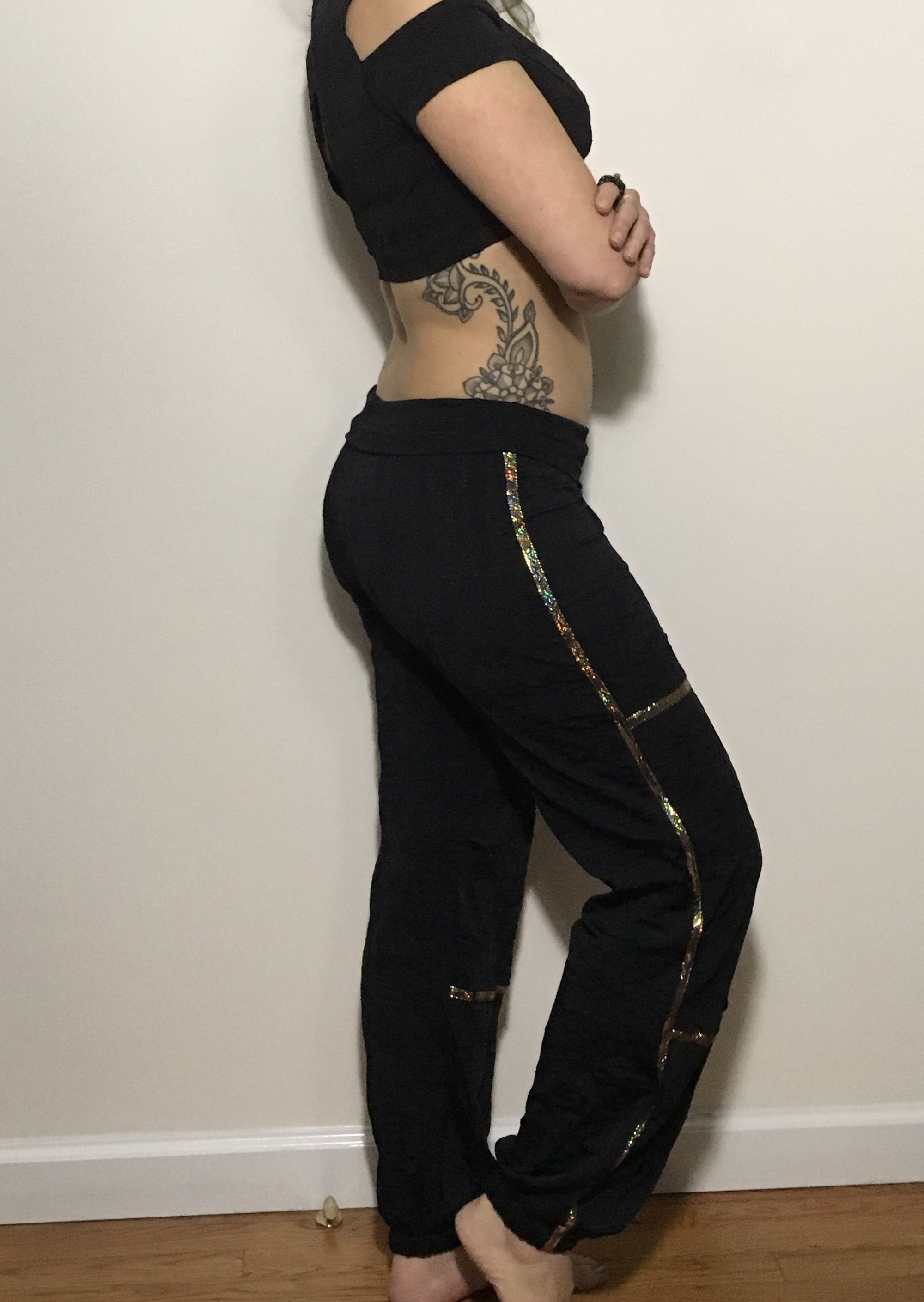 black embroidered cargo pants with gold trim
