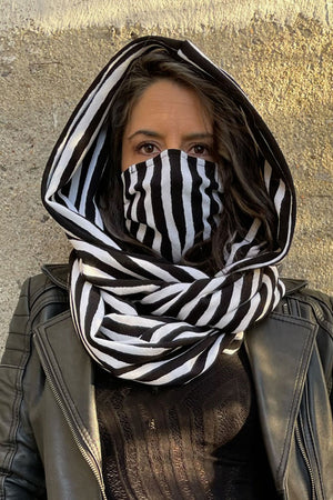 unisex black and white striped hooded infinity scarf and hood