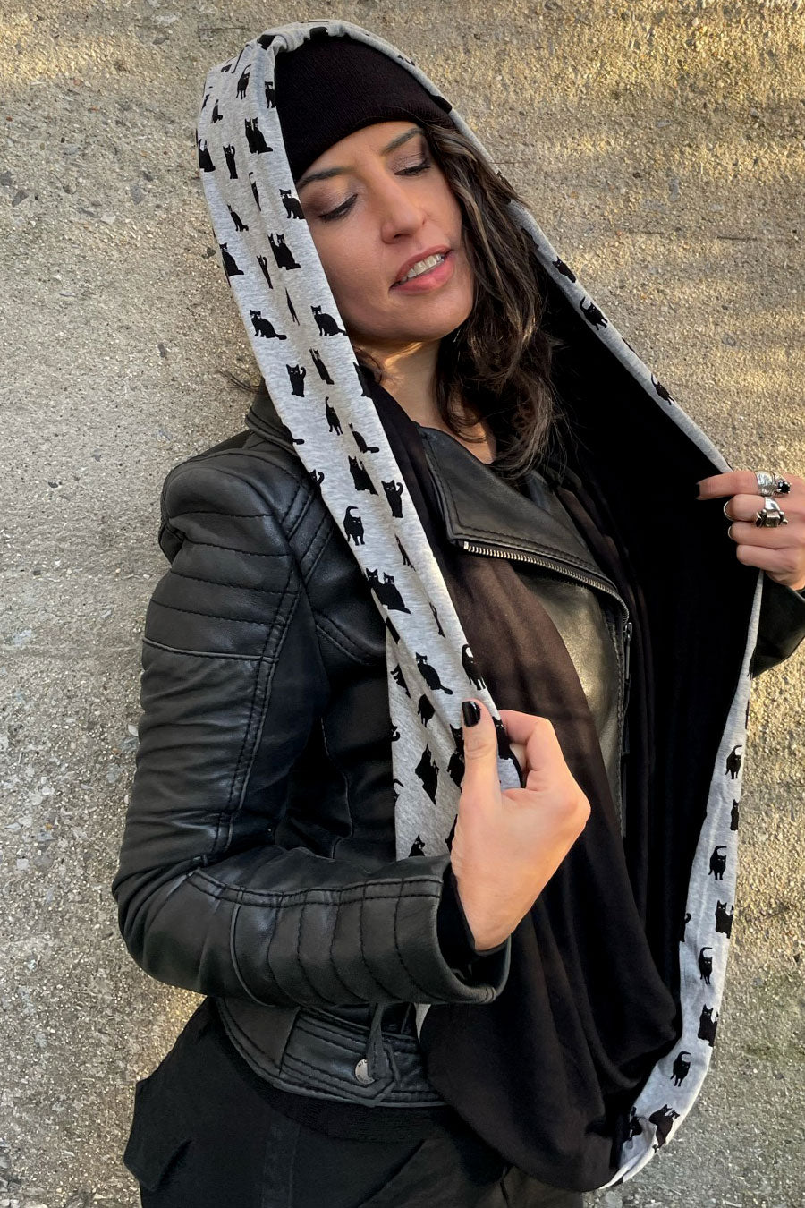Lucky Black Cat Reversible Empire - Hooded Infinity Scarf