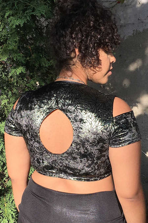 Shimmery Velvet Cadi Top with Metallic Leaves