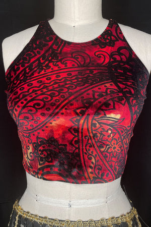 women's red and black velvet printed crop top