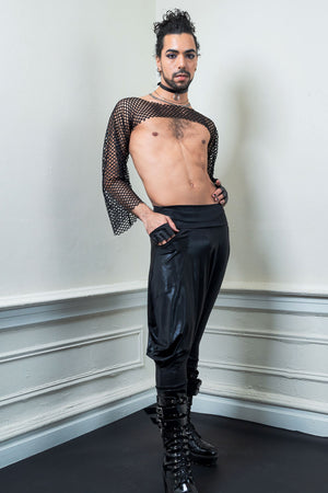 shiny black unisex drop crotch pants with pocket for festivals, goths and alternative fashion